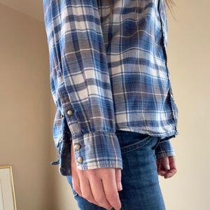 Bea Jachs Girlfriend blue plaid flannel size Large, pearl snaps, button front